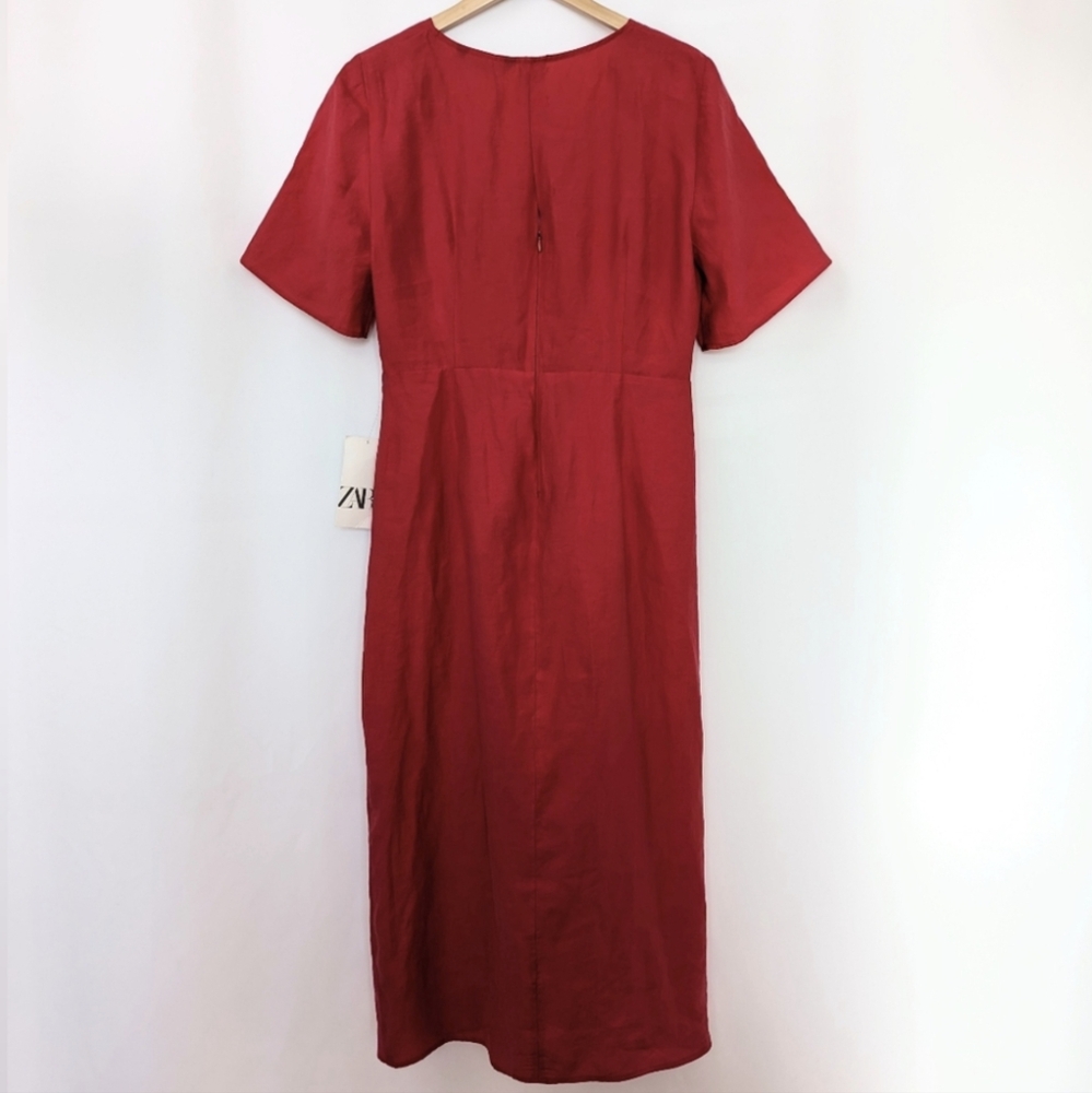NWT Zara Midi Dress Sarong Style Twist Front Plunging Neckline Pockets Beachy L - Picture 5 of 17